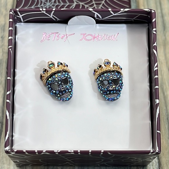 Betsey Johnson Jewelry - ⭐️Betsey Johnson Rhinestone Pave Sugar Skull Crown Stud Earrings NIB